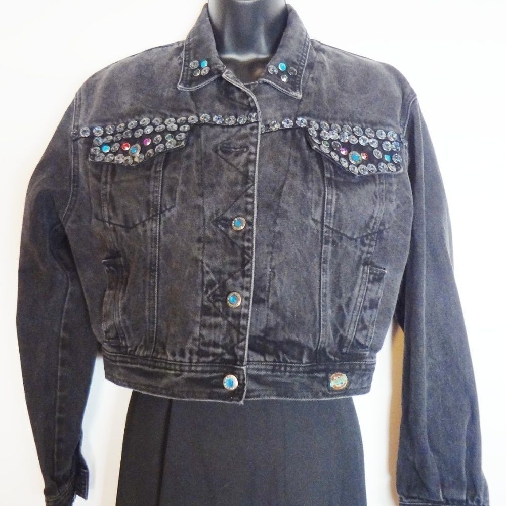 Squeeze Women’s Black Denim Jean Jacket Size Small Crystal Embellished Bling